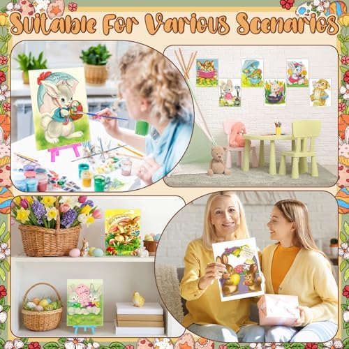 Blosssound 10 Set Easter Vintage Pre Printed Canvas Bunny Eggs Pre Drawn Canvas Painting with Easel Kits 5" x 7" Outline Painting Panels for Beginners, DIY Craft Project, Party Favor, Home Decors - Image 6