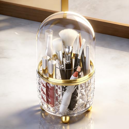 GOTOBA 360° Rotating Pencil Holder for Desk, Makeup Brush Holder with 6 Slots, Desk Organizer for Writing Utensil, Office and School Supplies (Clear with cover) - Image 6