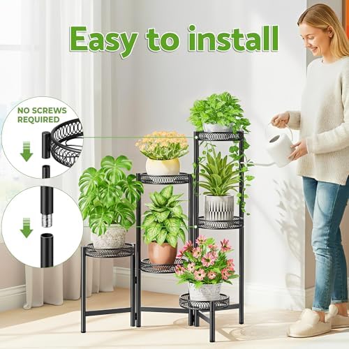 6 Tier Large Plant Stand Indoor with 7.9-Inch Wide Drainage Tray, Tiered Corner Metal Outdoor Flower Display Holder Shelf, Folding Tall Rack for House Patio Porch Balcony Graden - BlackFlower - Image 6