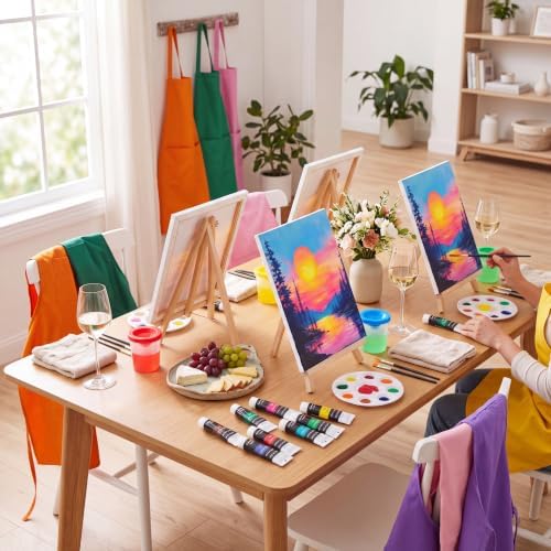 Cholemy 8 Set Paint and Sip Kit for Adults 8'' x 10'' Pre Drawn Canvas with Wooden Easels Acrylic Paint Brushes Wash Cup Palette Apron for Painting DIY Date Night Party Supplies (Sunset Lake) - Image 6