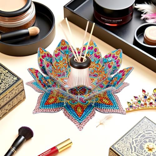 jinglinhh DIY Mandala Lotus Diamond Art Painting Aromatherapy Candle Holder Kit for Adults, Acrylic Diamond Art Tabletop Candlestick Holder Tray Ornaments Craft for Beginners(Blue Orange Lotus) - Image 7