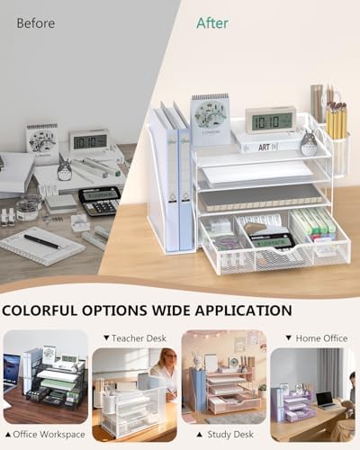 WALI Desk File Organizer, 4 Tier Desktop Paper Letter Tray Organizer with Drawer and 2 Pen Holders, Office Desk Accessories & Workspace Organizers for Office, Home Supplies(DO005DH-W), 1 Pack, White - Image 6