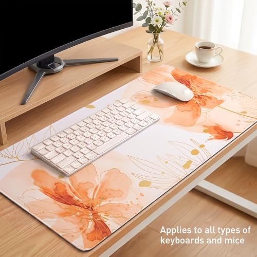 Desk Mat, Aesthetic Floral XXL Mouse Pad, 35.4 x 15.7 Inch, Orange - Image 7