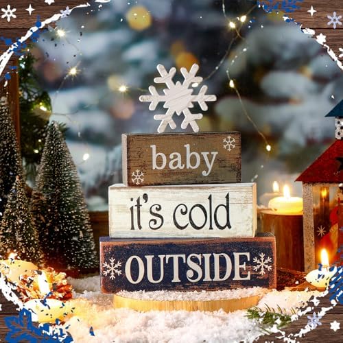 Moucuny 4 Pcs Wooden Block Signs Baby Its Cold Outside Farmhouse Decor - Image 6