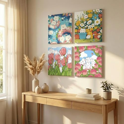 YONEYO 4 Pack Framed Paint by Numbers for Adults, Kawaii Animal & Cute Bunny Acrylic Canvas Painting with Easels, Easy DIY Floral Wall Art Decor, 8x8 Inch - Image 5