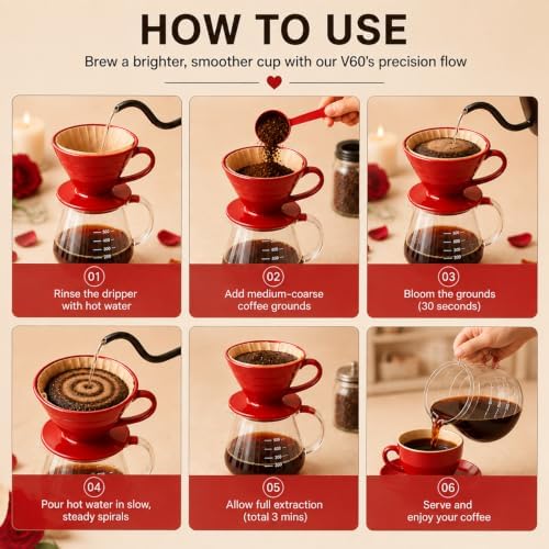 Pour Over Coffee Dripper - Ceramic Pour Over Coffee Maker Cone, Porcelain Coffee Drip, Pour Over Single Cup, Manual Brew Maker for Home, Cafe, Office - 1-4Cup, V60 Size 02 (Red) - Image 6