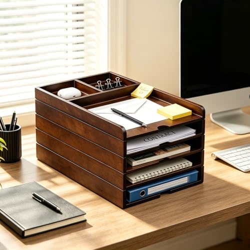 5-Tier Solid Wood Desk File Organizer, Paper Letter Tray Home and Office - Image 7