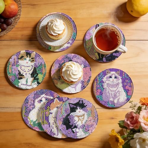 Leatrice Small Diamond Art Coasters Set Diamond Painting Kits for Adults Cat Diamond Dots Coasters Beginners Women Gem Art Coasters with Holder Funny Crafts Supplies for DIY Home Decor - Image 7