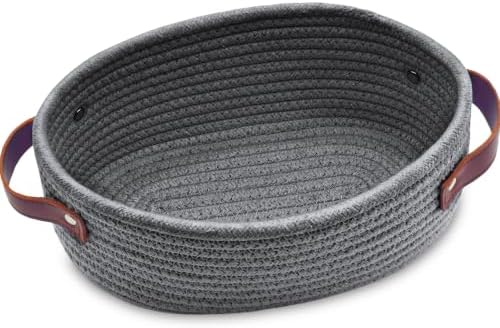ABenkle Small Woven Basket with Handles, Mini Rope Storage Basket, Tiny Cute Shelf Basket, Oval Decorative Toys Basket for Nursery, Living Room, Empty Gift Basket, 9.4" x 5.9" x 3.9" - XS by ABenkle
