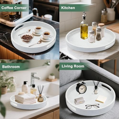 11.8" Round Wooden Decorative Tray with Handles,White - Image 7