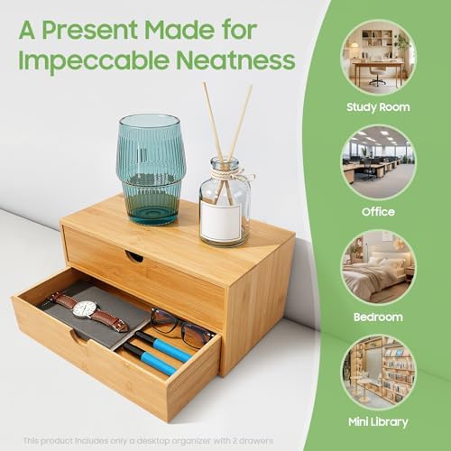 Gdrasuya10 Bamboo Desk Organizer, Drawer Tabletop Storage Organization Box for Office Home Toiletries Supplies, No Assembly Required (2 Drawer) - Image 7