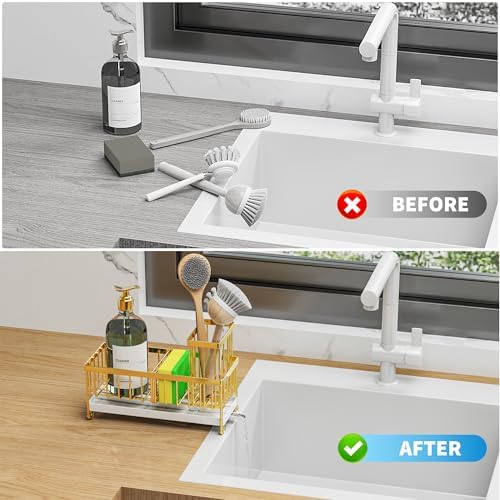 Cisily Sponge Holder for Kitchen Sink, Sink Caddy Organizer with High Brush Holder, Kitchen Countertop Organizers and Storage Essentials, Rustproof 304 Stainless Steel (Gold, 9.25″) - Image 6