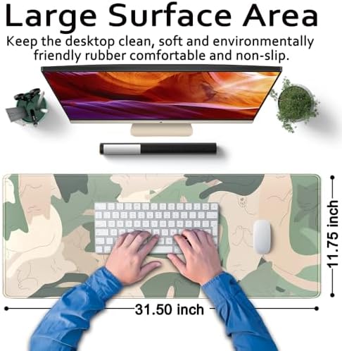 Green Simple Cat Desk Mat Sleeping Cute Long Cool Mouse Pad for Laptop Gaming Computer Keyboard Pad Office Decor Desk Pads Accessories On Top of Desks Office Supplies Mat (31.5x11.8In) Stitched Eges - Image 6