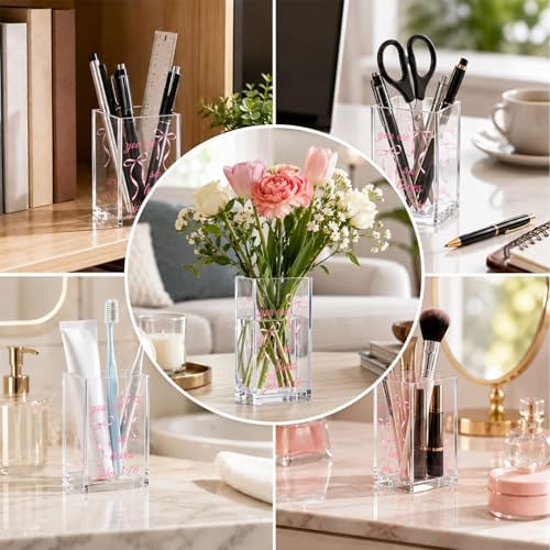 Pink Bow Acrylic Pen Holder Cup, Coquette Desk Decor with Inspirational Bible Verse, Christian Pencil Holder, Cute Office Desk Organizer, Gift for Women - Image 6