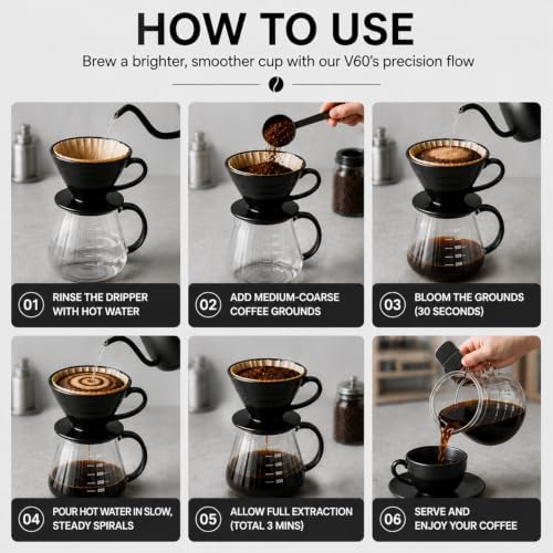 Pour Over Coffee Dripper - Ceramic Pour Over Coffee Maker Cone, Porcelain Coffee Drip, Pour Over Single Cup, Manual Brew Maker for Home, Cafe, Office - 1-4Cup, V60 Size 02 (Black) - Image 6