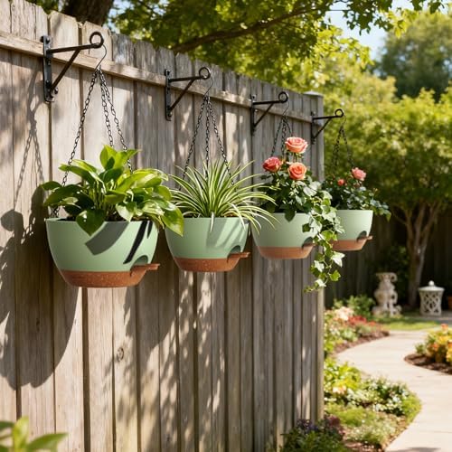 UOUZ 4 Pack 8 Inch Self Watering Hanging Planters for Indoor Outdoor Plants,Hanging Pots for Plants with Drainage Removable Tray, Hanging Baskets Flower Pots for Pothos Spider Garden Green with Brown - Image 6