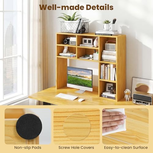 Giantex Desktop Bookshelf, Desk Hutch Dorm w/ 7 Cubes & 3 Adjustable Shelves, Desk Shelf for Up to 27" Computer Monitors, Wooden Desktop Storage Organizer for Dorm College Office Home (Burlywood) - Image 6
