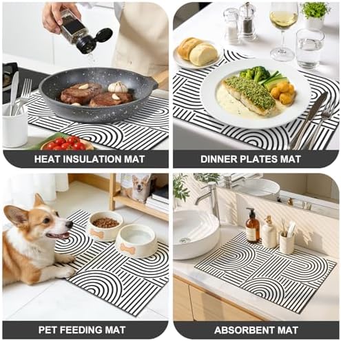 Findosom Geometric Dish Drying Mat, 12" x 20" Absorbent Coffee Mat, Black - Image 7