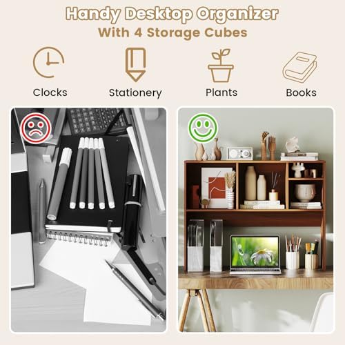 GIANTEX Desktop Bookshelf, Countertop Storage Hutch with 4 Shelves for Computer Desk, Dressing Tabletop Display Rack, Multipurpose Desk Hutch Storage Organizer for Home Office Dorm (Walnut) - Image 6