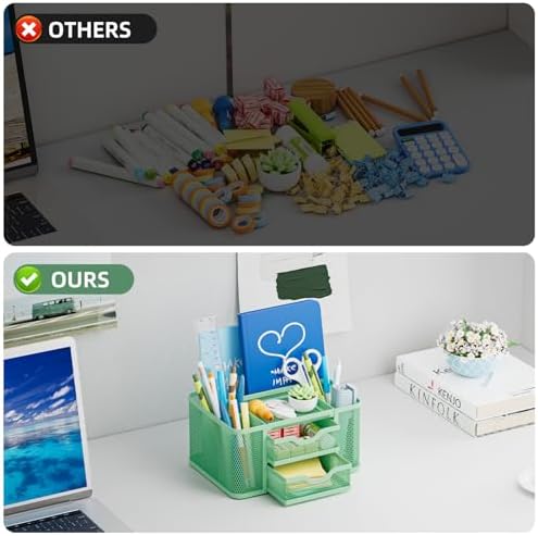 Marbrasse Mesh Desk Organizer, Pen Organizer with 2 Drawer, Multi-Functional Pencil Holder, Desk Organizers and Accessories with 5 Compartments + Drawer for Office Art Supplies (Green) - Image 7