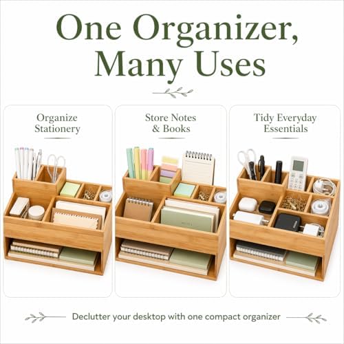 Bamboo Desk Organizer with Pen Holder and Open Shelf, Multi-Compartment Desktop Organizer for Mail, Notes, Books and Office Supplies, Space Saving Storage for Home Office Desk - Image 7