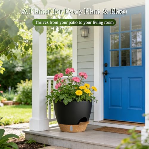 Plant Pots, 1 Pack 12 Inch Self Watering Pots with Drainage Holes, Water Level Indicator Deep Reservoir, Large Planters for Indoor Outdoor Plants - Black Brown - Image 7