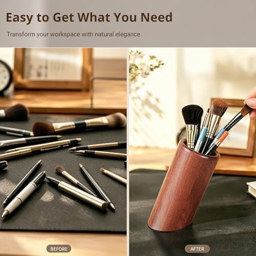 walowalo Pen Holder Natural Wooden Pencil Holder for Desk, Angled Design Makeup Brush Holder Pencil Cup, Multiple-Use Marker Holder Desktop Stationary Organizer for Office, Home, School - Image 7