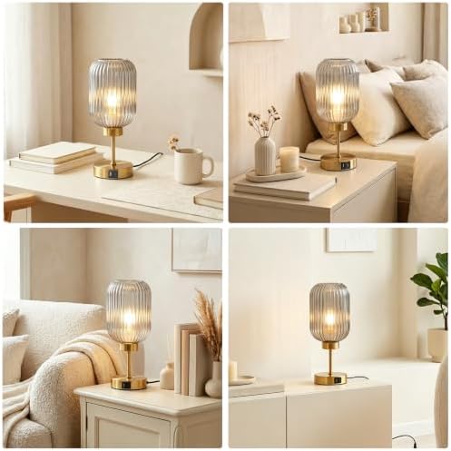 LAMSU Grey Glass Table Lamp for Bedroom with Bulb, Small Beside Lamp with USB Ports, 3 Way Dimmable Desk Lamp, Vintage Modern Nightstand Lamp for Living Room, Office, Ambient Mood Lighting - Image 7