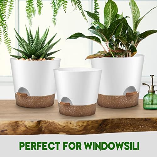 YNNICO Indoor Outdoor Plant Pots- Self Watering Planters with Drainage Holes and Saucers, 9,8, 7.5 Inches, 3 Pots (Snow) - Image 6