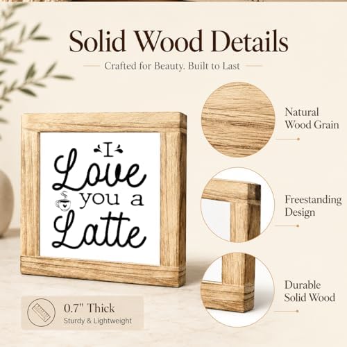 I Love You A Latte Wooden Plaque, Cute Coffee Lover Gift Sign, Romantic Farmhouse Kitchen Counter Accent, Rustic Shelf Display For Breakfast Bar Office Coffee Nook Décor, 5.9 x 5.9 in - Image 6