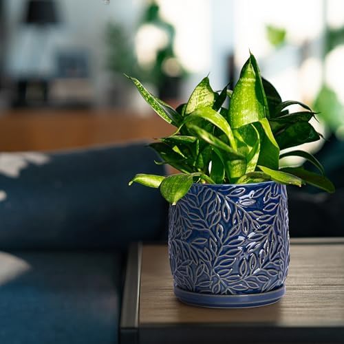 D'vine Dev Embossed Leaves Ceramic Planter, 5 in, Midnight Blue, 27-A-V-3 - Image 7