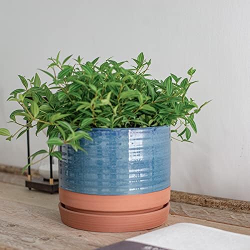 HERDUK 8 Inch Pots for Plants, Ceramic Planter Pot with Drainage Hole & Saucer, Indoor/Outdoor Cylinder Round Planter Pot, Blue & Terracotta - Image 7