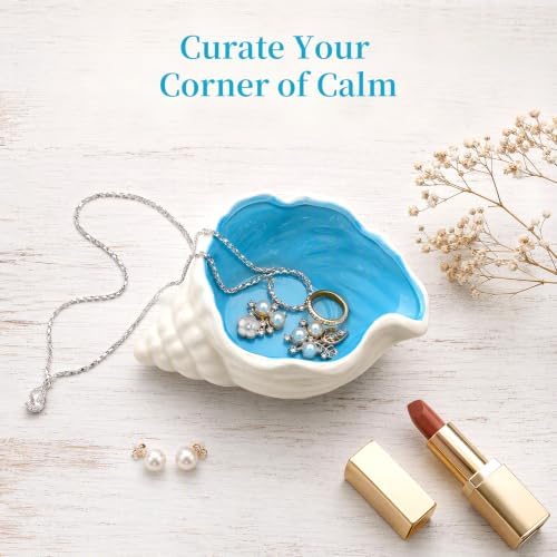 Conch Shell Jewelry Dish Ceramic, Blue Coastal Decor Jewelry Tray, Shell Trinket Dish for Rings Earrings, Ocean Themed Vanity Tray Jewelry Organizer for Bedroom Bathroom Desk, Gift for Women - Image 7