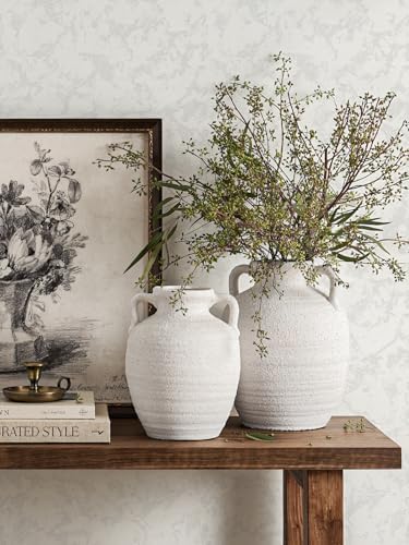 White Ceramic Vase with Handles, 9.5Inch, Farmhouse Rustic, Gritstone White - Image 6
