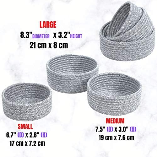 MINTWOOD Design Set of 3 Cotton Rope Nesting Bowls, Small Catch All Basket, Cute Closet Baskets and Bins for Shelves, Mini Table Basket Organizer for Small Accessories, Light Gray Mix - Image 7