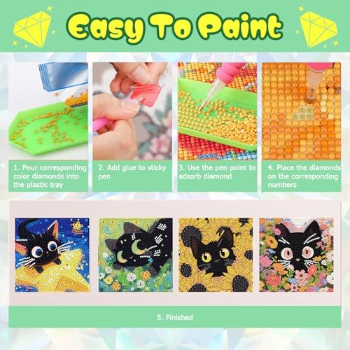 ICYANART 4 Pack Cat Diamond Art Painting Kits for Kids Age 6-8-12 6x6 Inch - Image 7