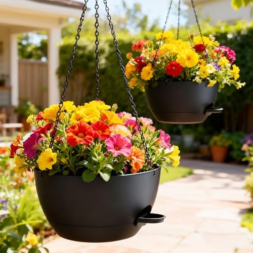 10 Inch Hanging Baskets 2 PC with Chains, Self-Watering Hanging Planters for Indoor Outdoor Plants, Plastic Hanging Flower Pots,Black - Image 7