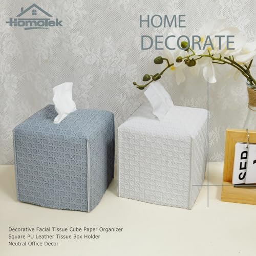 HOMOTEK 1 Pack Tissue Box Cover, Square PU Leather Tissue Holder, Decorative Facial Tissue Cube Paper Organizer Dispenser for Bathroom, Night Stands, Desk, Car 5X5X5'' - Rattan Weave, Light Gray - Image 6