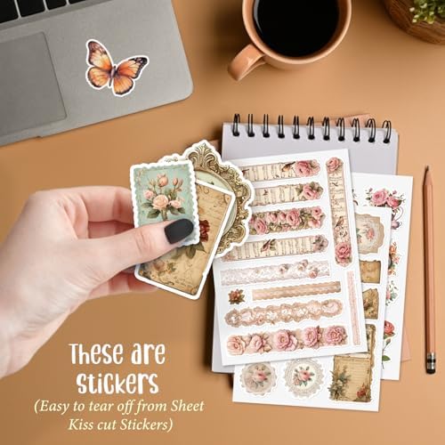 170PCS Vintage Rose Flower Scrapbooking Stickers Junk Journal Supplies, Shabby Pink Stickers Set Scrapbook Supplies Floral Sticker for Planner Album Diary Letter Envelope (Vintage Rose Flower) - Image 6