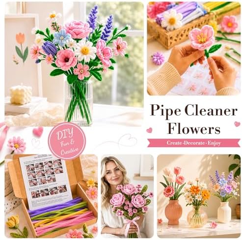 Yumcute 500 Pcs Pipe Cleaner Flower Kit, 9-Color Chenille Stems Flower Making Supplies with Floral Wires & Tape, DIY Forever Bouquet Art Craft Gift for Adults Home Decor, Birthdays, Anniversaries - Image 7