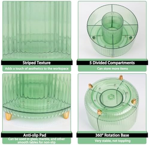 SKYDUE Rotating Pencil Pen Holder, Pen Organizer with 5 Slots - Aesthetic Desk Organizer and Accessories for School, Home, Office Supplies, Clear Green - Image 6