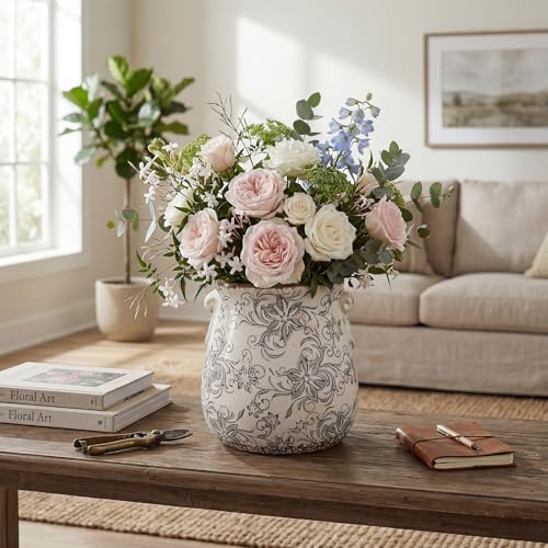 Ceramic Scroll Planter 6.5 Inch, Gray Camellia - Image 6
