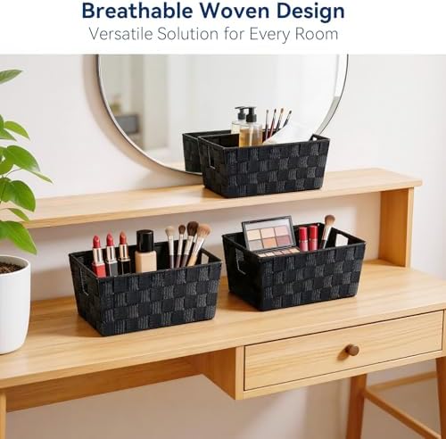 Whitmor Small Woven Storage Baskets for Shelves - Decorative Organizer Bins with Metal Structure, Versatile Shelf Storage Solution for Home Organization & Closet (Black) - Image 6