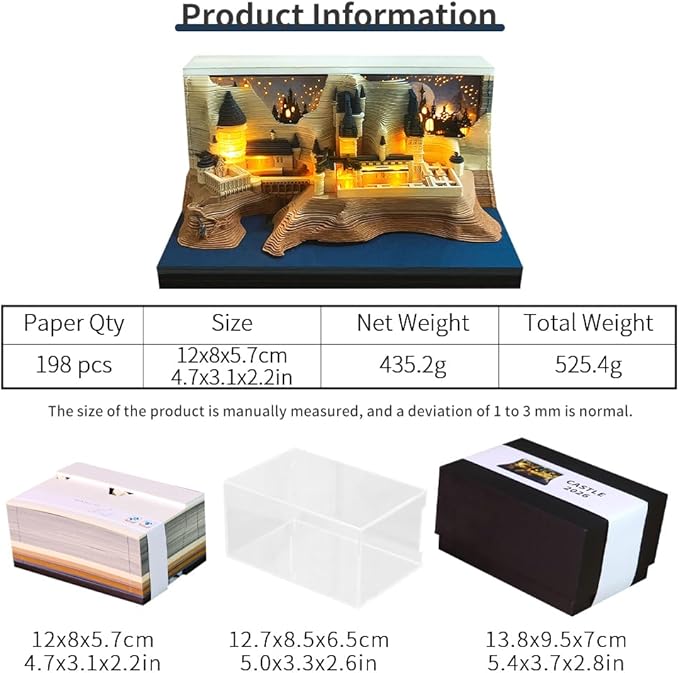 3D Time Piece Calendar 2026 3D Tear Away Art Memo Pad Notepad Desk Calendar with Light,3D Art Calendar Desktop Decoration Gift for Christmas (Castle)