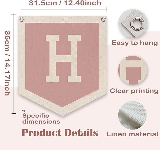 Lacama Pink Initial Personalized Preppy Banner, Baby Shower Decor Gifts, Wall Decor for Women Teen Girl, Vintage Room Decor Toddler Room Bedroom Playroom Front Door Birthday Gift(H)