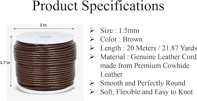 GENIQUE Real/Genuine Round Leather String Cord for Necklace, Bracelets, Jewelry, Kumihimo Braiding, DIY Projects (20 Metres) (1.5mm, Brown)