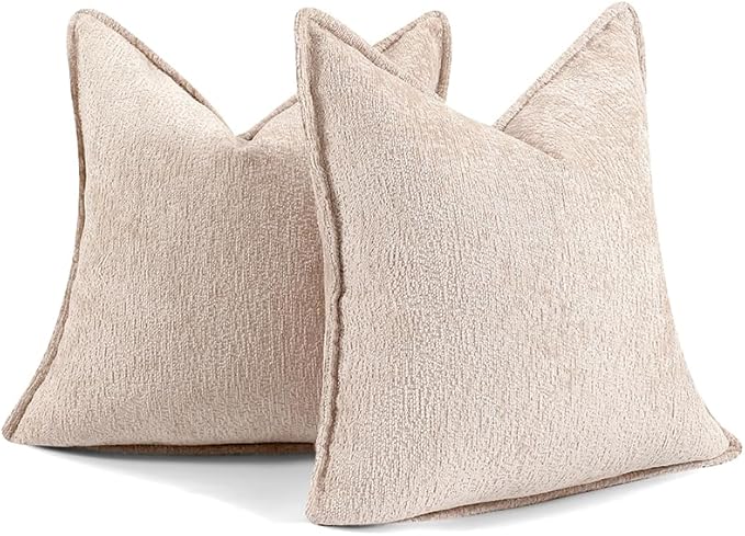 Pack of 2 Tan Decorative Throw Pillow Covers 18x18 Cozy Soft Chenille Accent Vintage Square Couch Pillow Covers for Home Decor Bed Sofa Living Room