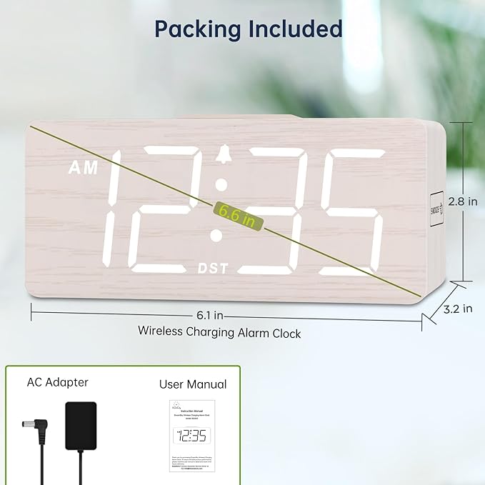 DreamSky Wooden Digital Alarm Clock with Wireless Charging for Bedroom, Bedside Nightstand Clock with Charger Station, USB Port, Large Numbers, Adjustable Volume, Brightness Dimmer, DST