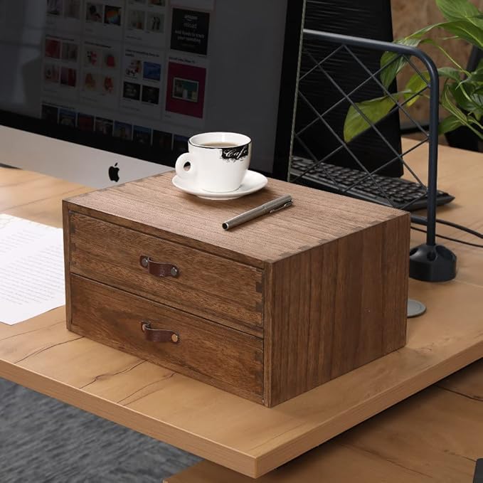 Wood 2 Drawer Desktop Organizer Cabinet - Desk Storage Box for Kitchen Counter,Dresser Tabletop -Wooden File Organizer Printer Machine Stand for Office Accessories Chest Dark (FAX2C-DK)