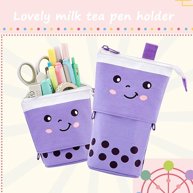 Cute Standing Pencil Case Pen Holder for Kids, Pop Up Stand UP Bubble Tea Pen Organizer Kawaii Stationary for Christmas Holiday New Year Office (Purple)